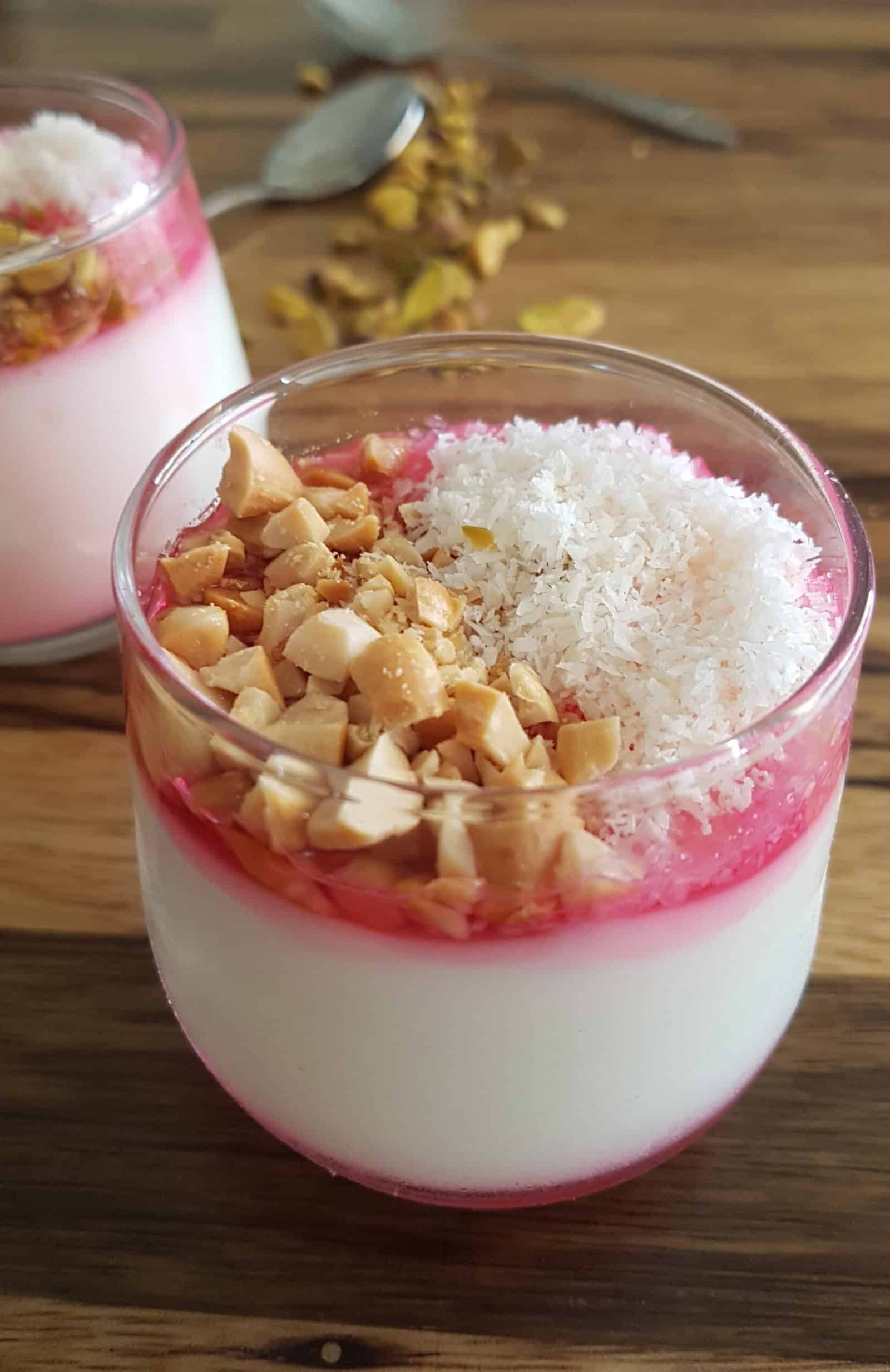 coconut malabi topped with malabi red syrup and peanuts