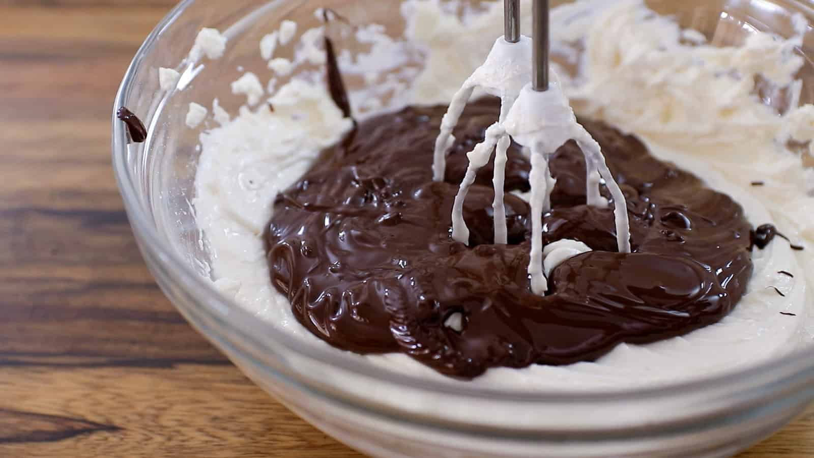 making creamy chocolate cheesecake filling