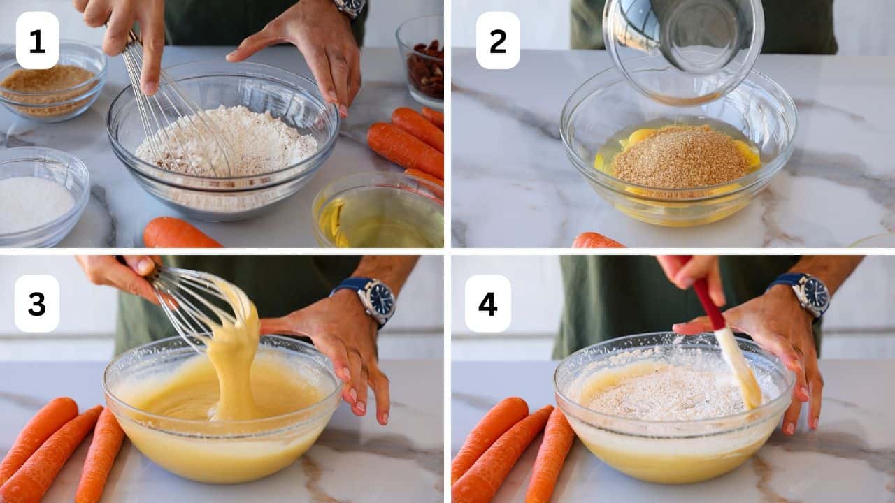 in a large bowl making cake batter for carrot cake