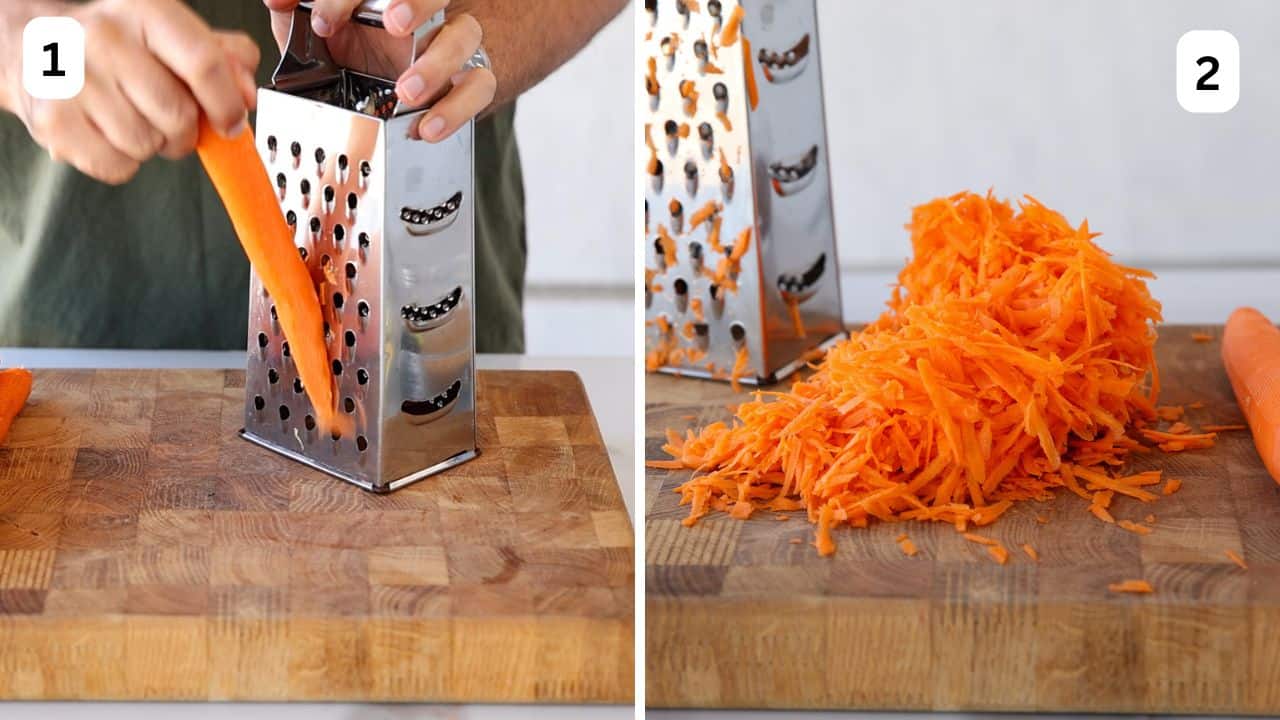 grating peeled carrot using a box grater