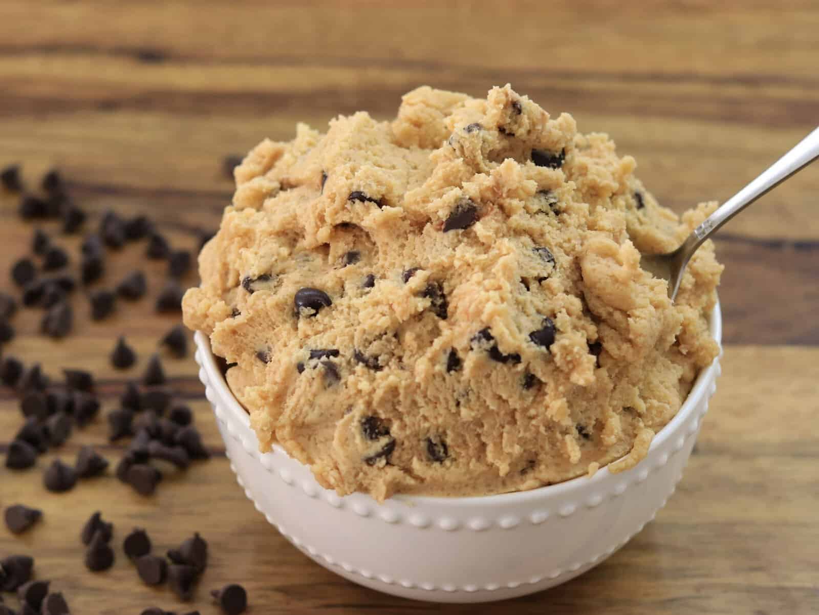 a bowl of edible cookie dough with chocolate chips