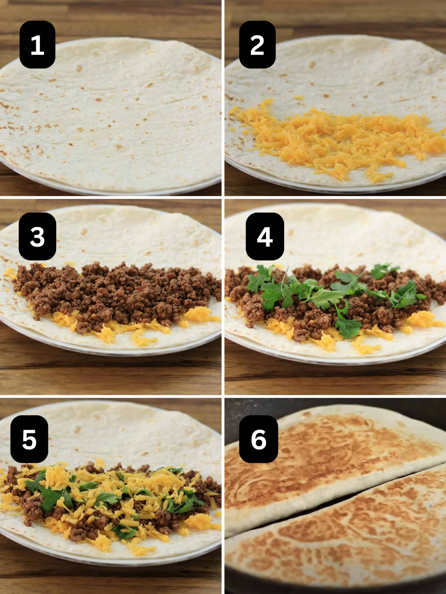 6 images showing how to cook ground beef Quesadilla 