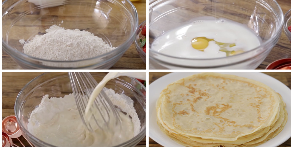 four images of how to make homemade crepes