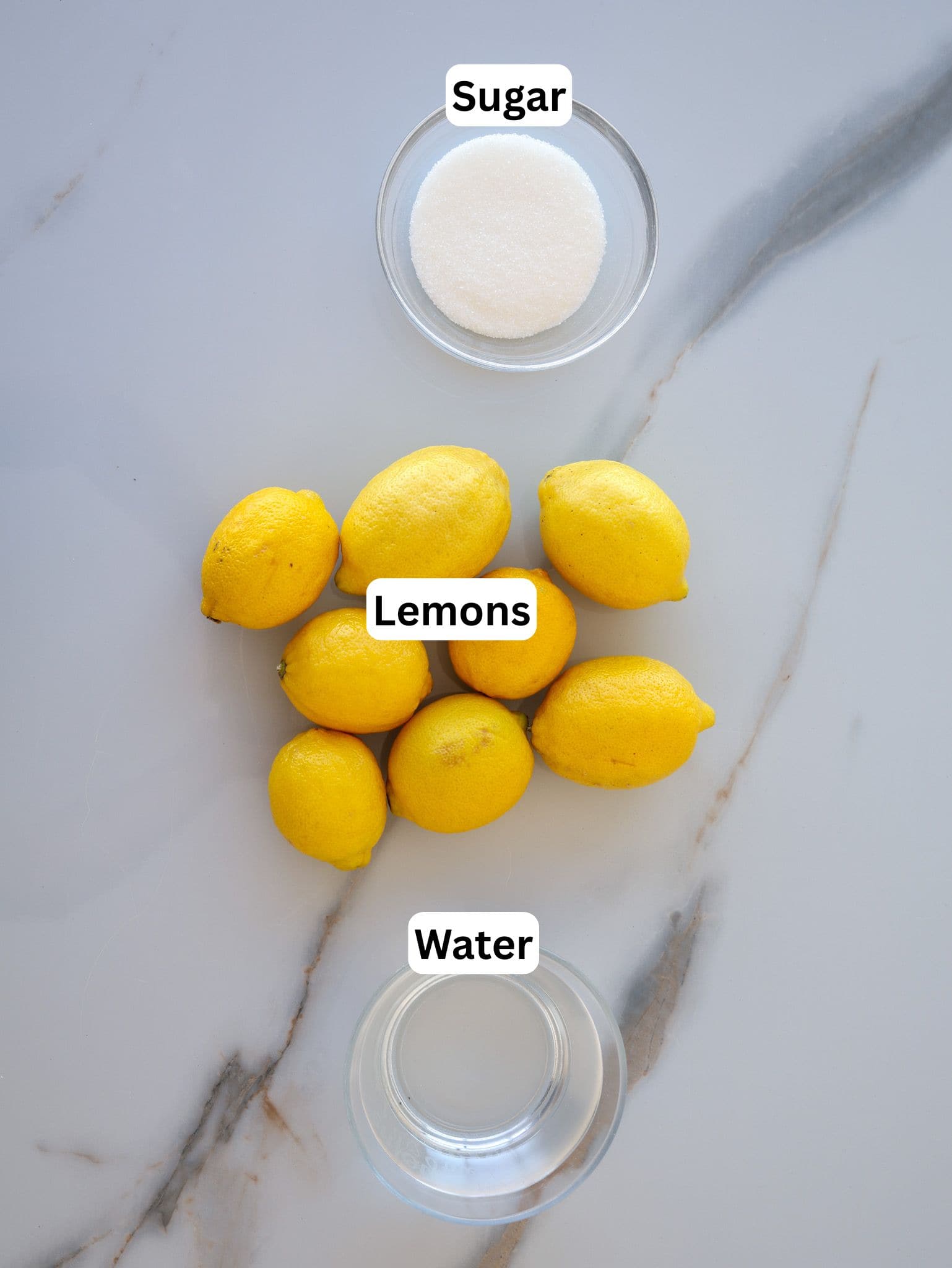 A group of lemons, a bowl of sugar, and a bowl of water are arranged on a marble surface, each labeled respectively: "Lemons," "Sugar," and "Water.