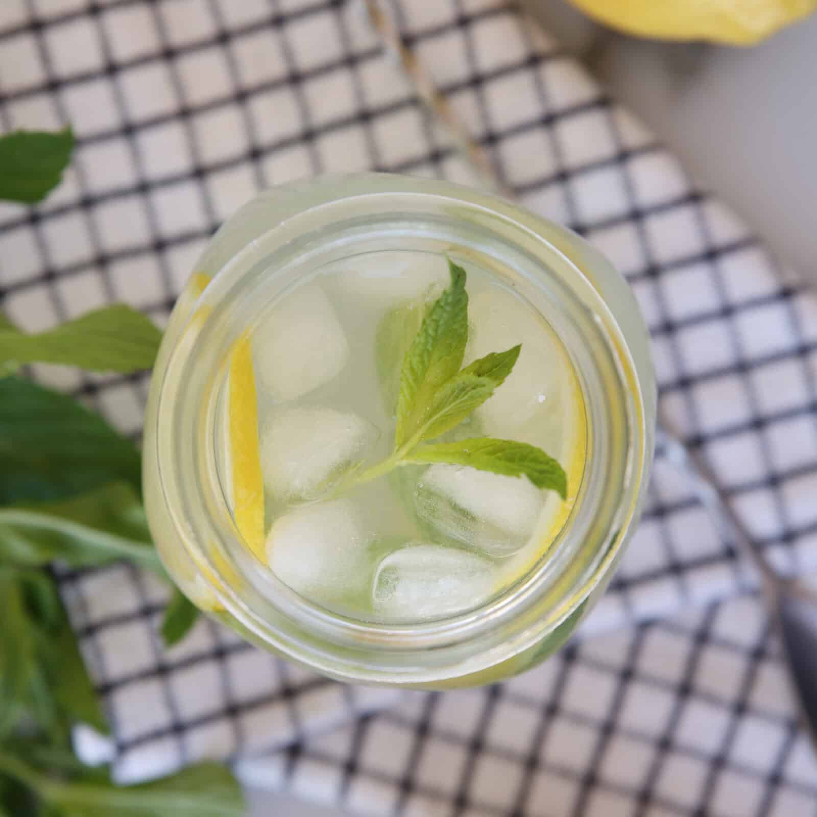 A top view of a glass of lemonade with ice cubes, a lemon slice, and a sprig of mint, placed on a checkered cloth with fresh mint leaves nearby.