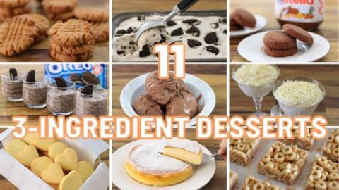 A collage of nine dessert images: peanut butter cookies, Oreo ice cream being scooped, chocolate Nutella cookies, Oreo mousse, chocolate ice cream, mousse in glasses with grated cheese, lemon cookies, lemon cheesecake, and cereal marshmallow squares.