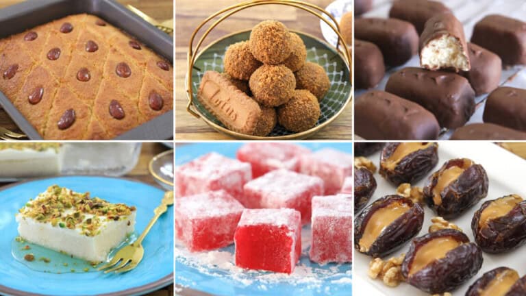 A six-photo collage of various desserts: a tray of semolina cake with almonds, round truffles with biscuits, chocolate-covered marshmallows, a plate of cheesecake topped with pistachios, pink Turkish delight squares, and dates stuffed with walnuts and caramel.