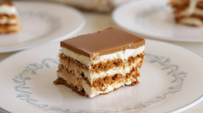 A slice of layered dessert with creamy filling and a brown topping, served on a white plate with blue leaf patterns. The dessert has distinct layers of what appears to be cake or biscuits and a smooth cream in between.