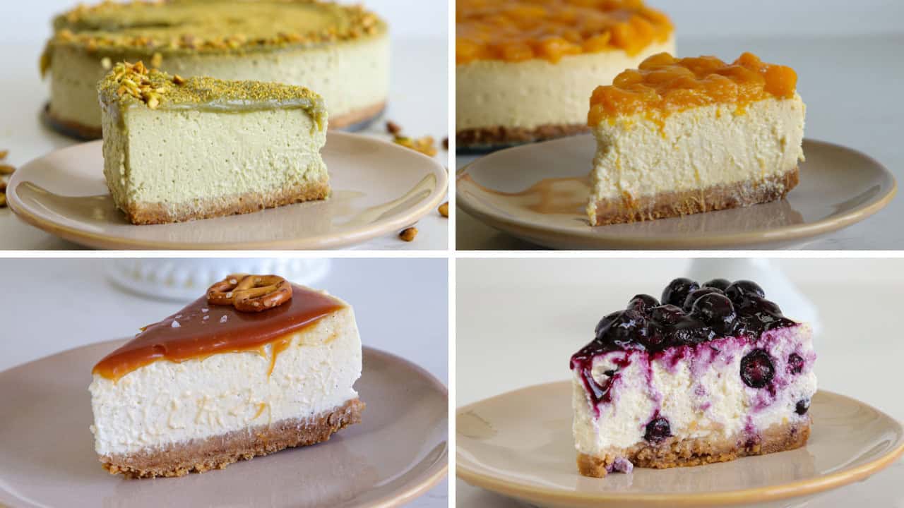 a collage of 4 creamy cheesecakes