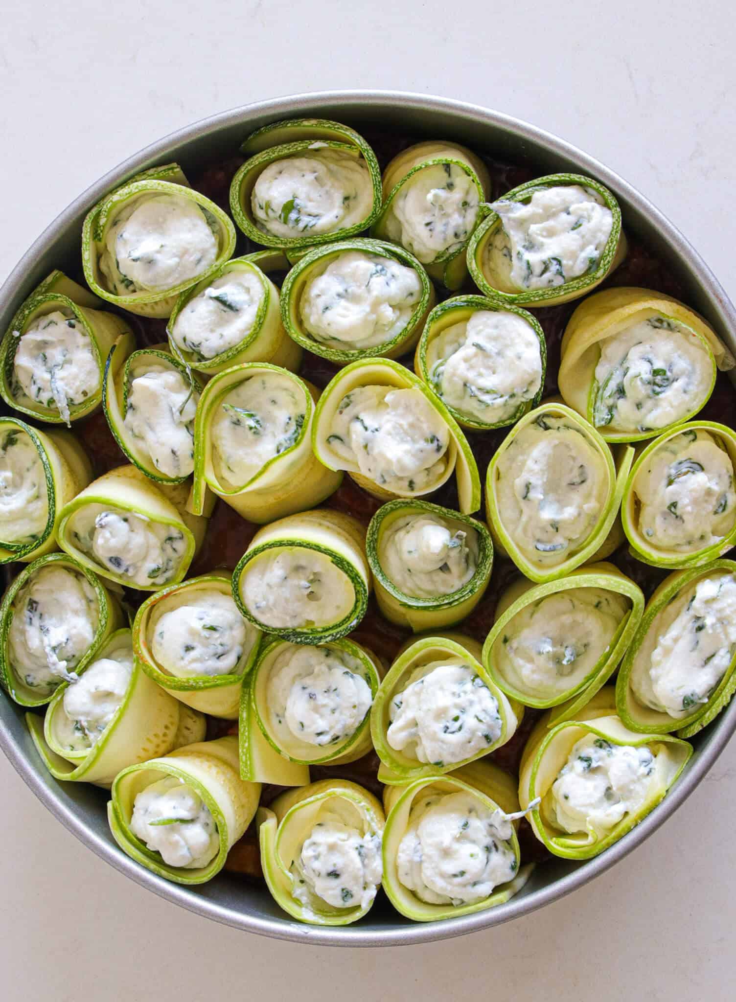 Zucchini Roll Ups willed with ricotta and spinach 