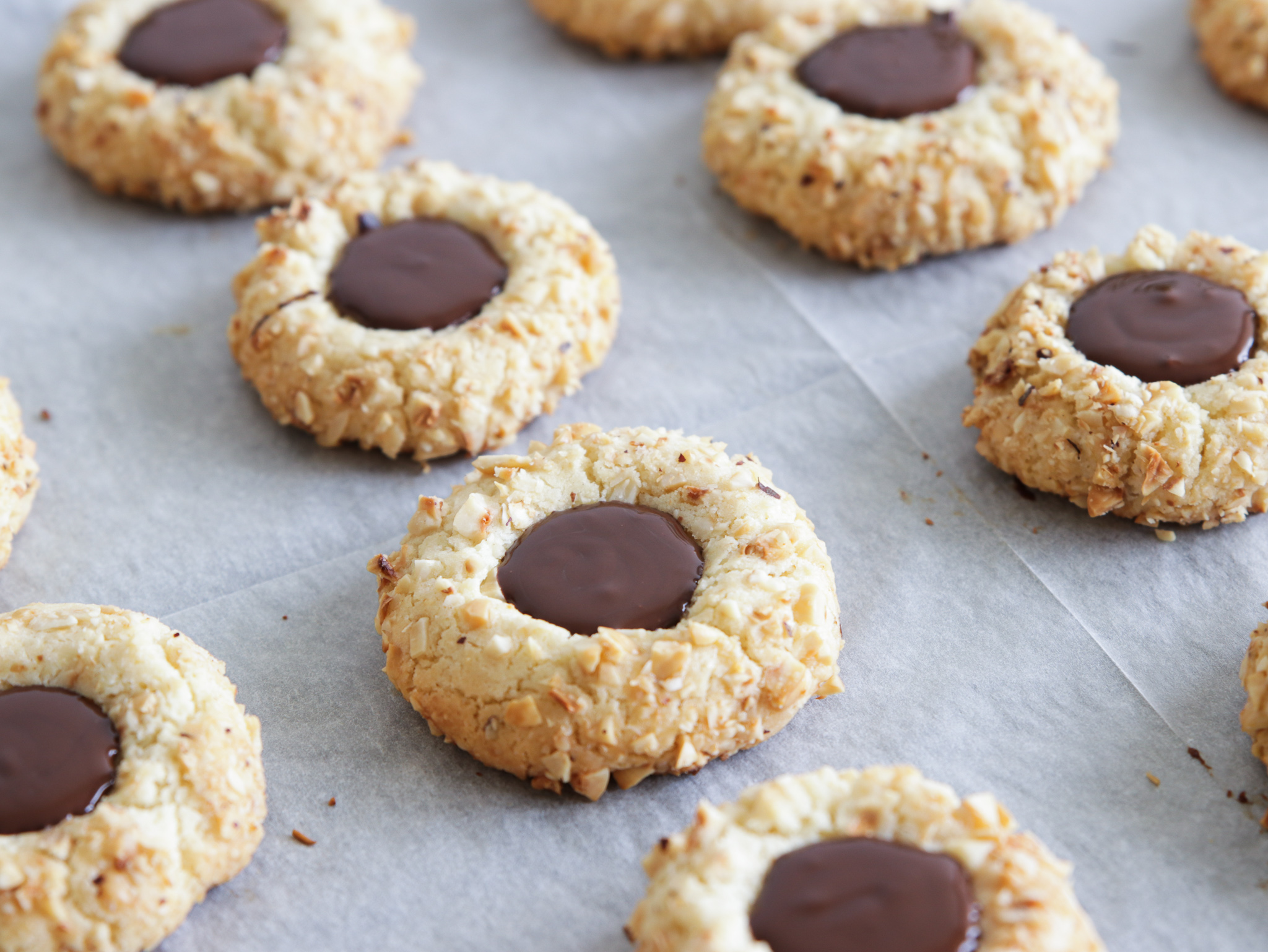 chocolate thumbprint cookies coated with crushed hazelnuts