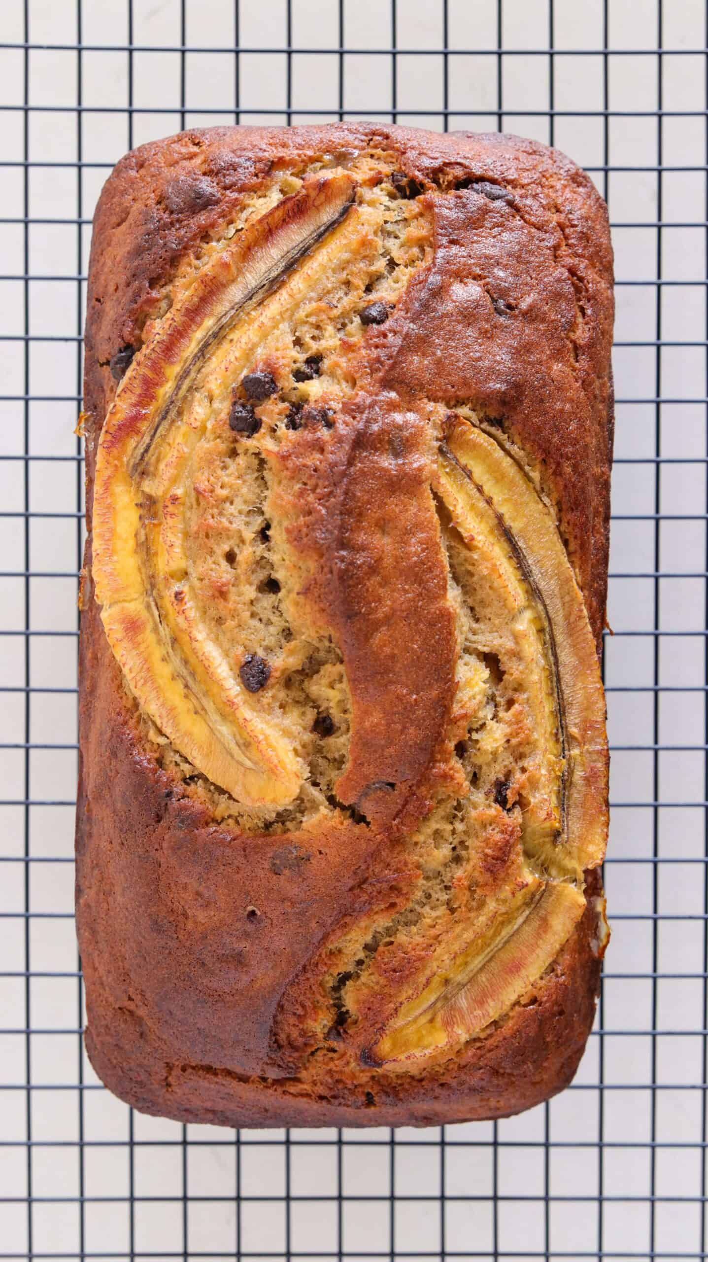 banana bread with two bananas on top