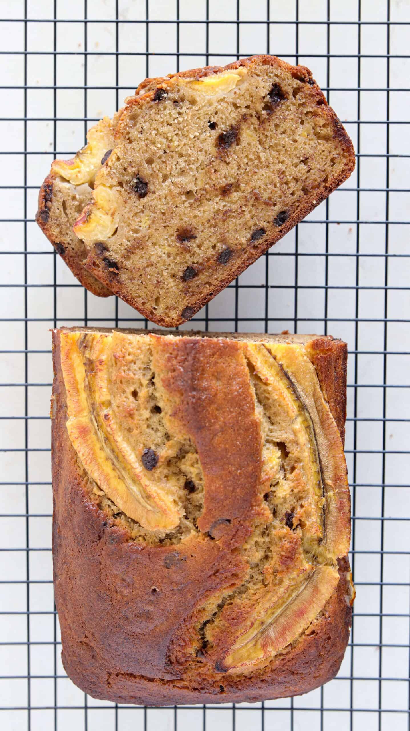 easy and delicious banana bread on a wire rack