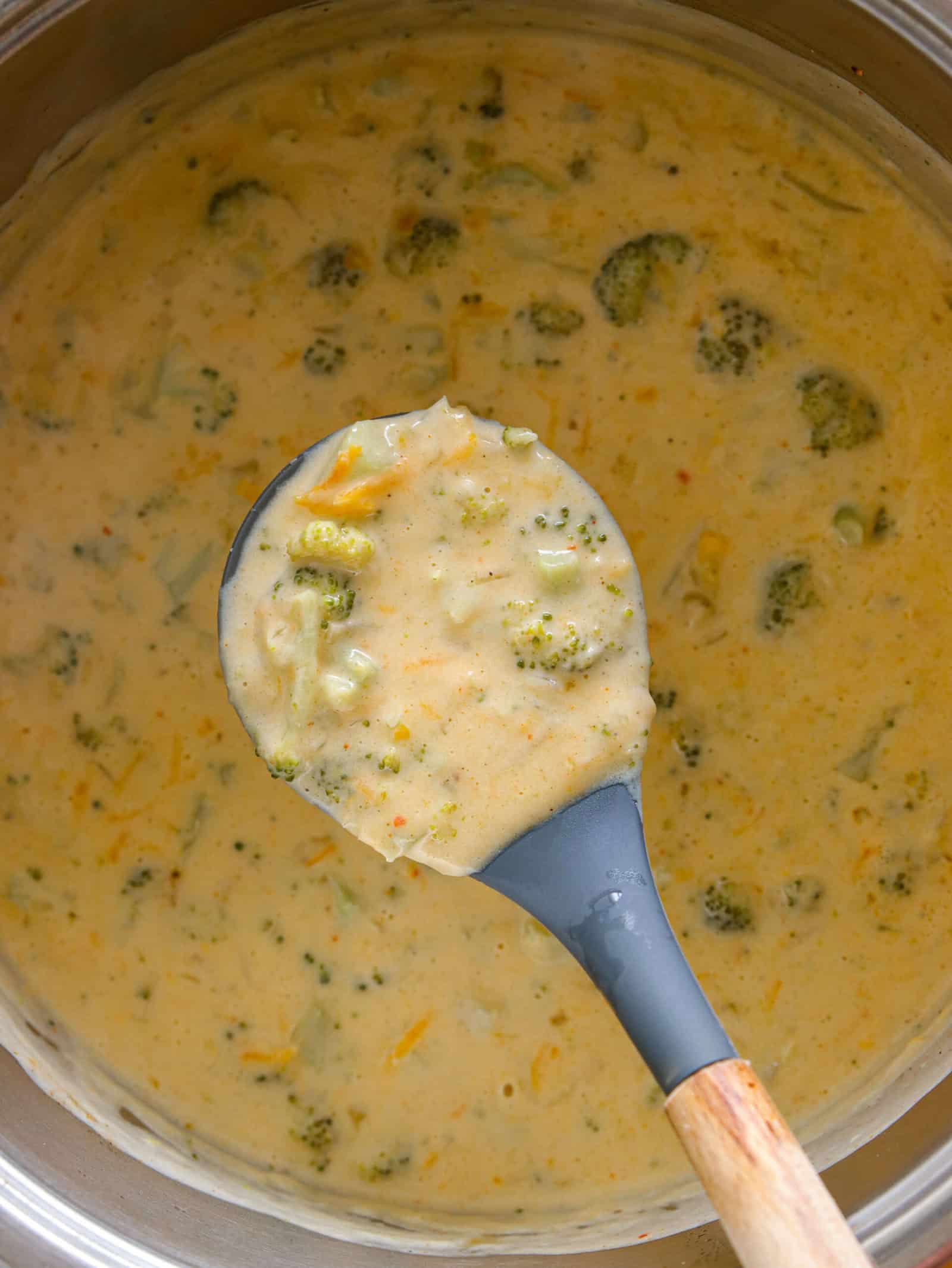 a pot of broccoli cheddar soup