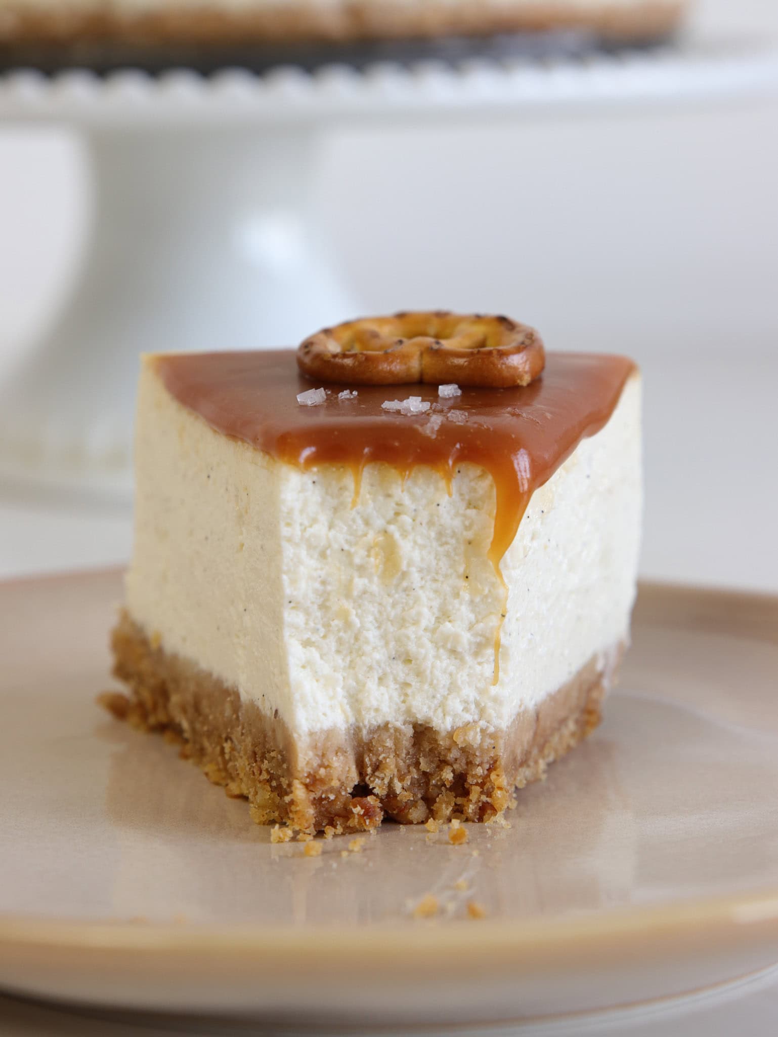 a slice of salted caramel cheesecake