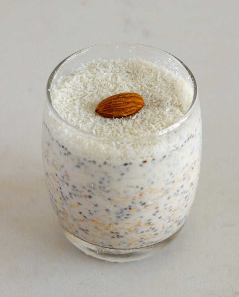 raffaelo overnight oats with coconut flakes and coconut milk