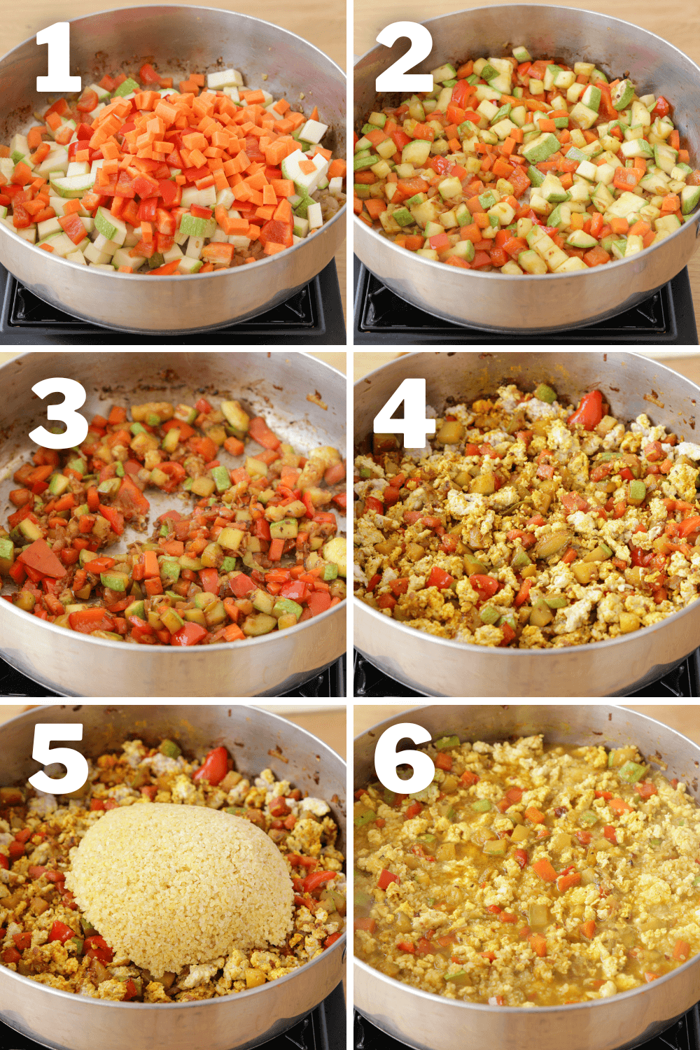 cooking vegetables like carrots, zucchini, onion and then adding bulgur