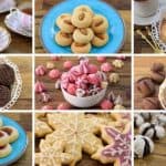 A grid of nine images displays various cookies: powdered sugar cookies, circular cookies, swirl-shaped cookies, chocolate cookies, colorful meringues, oval cookies, jam thumbprint cookies, snowflake-shaped cookies, and cracked chocolate cookies.