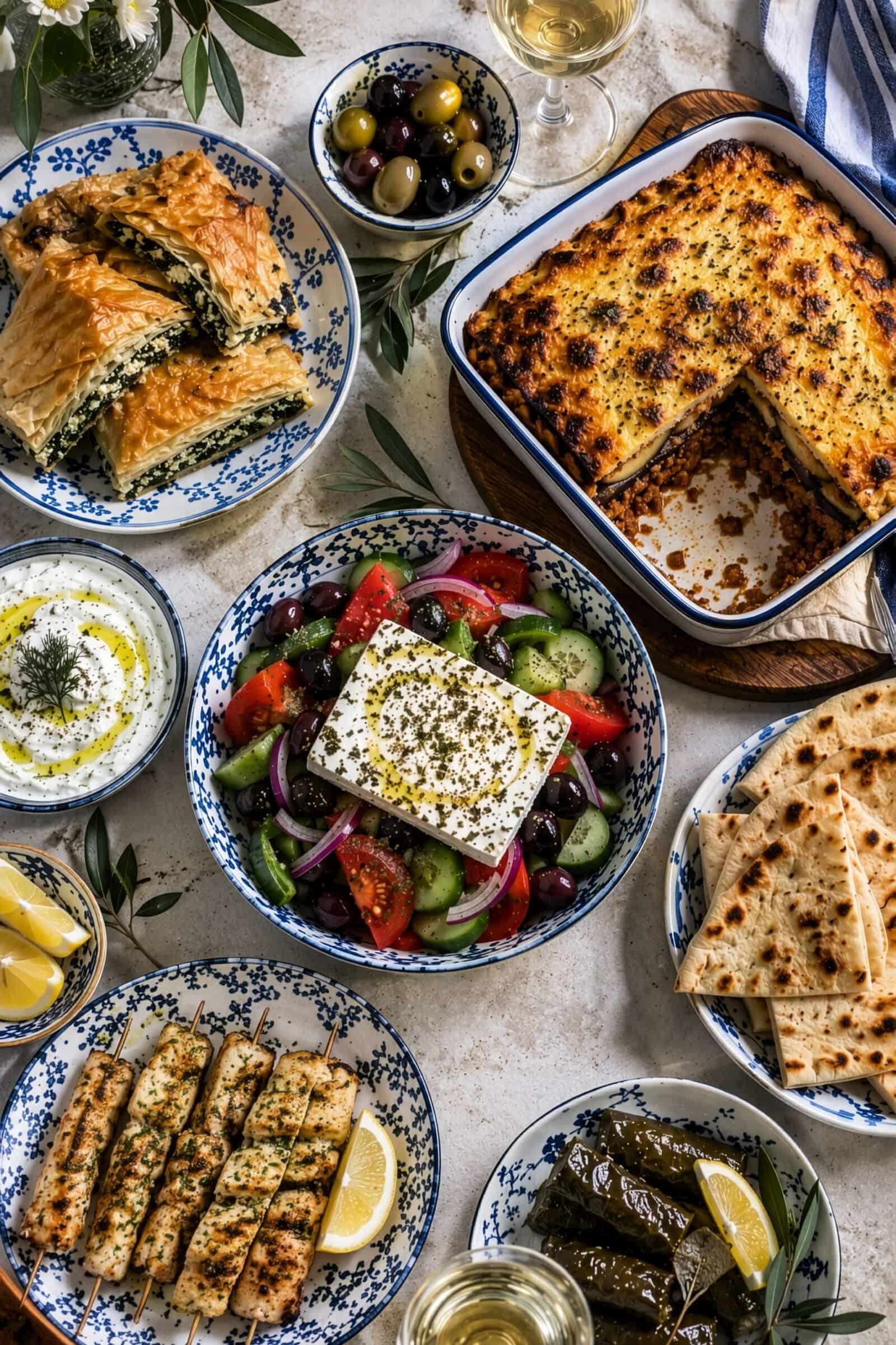 A table filled with authentic and traditional Greek dishes: spanakopita, moussaka, salad with feta, olives, grilled halloumi, tzatziki, pita bread, stuffed grape leaves, and glasses of white wine.