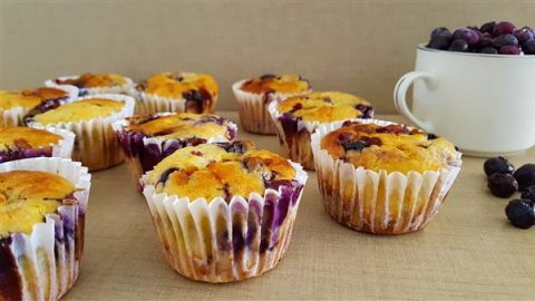 Several freshly baked blueberry muffins in white paper liners are arranged on a wooden surface. A white cup filled with blueberries is placed in the background. Some blueberries have spilled onto the surface next to the cup.