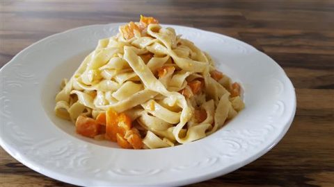 A white plate holds a serving of fettuccine pasta mixed with chunks of roasted butternut squash. The plate is placed on a wooden table, and the pasta is arranged in a small mound, showcasing the creamy texture of the pasta and the vibrant orange of the squash.