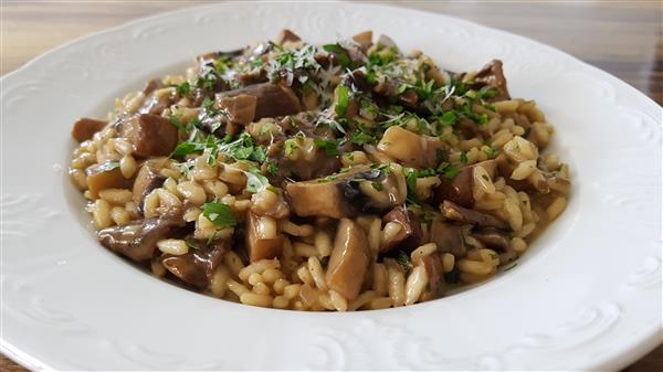 A close-up of a plate of mushroom risotto garnished with chopped parsley. The creamy rice dish is served on a white, decorative plate and placed on a wooden table. The risotto is a mixture of rice, mushrooms, and herbs, giving it a rich and savory appearance.