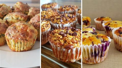 A three-panel image shows different varieties of muffins. The left panel has savory muffins with herbs, the middle panel has oatmeal muffins topped with chocolate chips, and the right panel has blueberry muffins with vibrant purple spots.