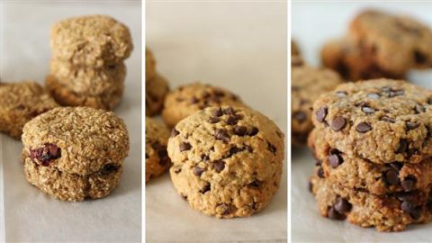 Three close-up shots of oatmeal cookies arranged in stacks. The left image shows plain oatmeal cookies with bits of dried fruit, the middle image features oatmeal cookies with chocolate chips, and the right image displays larger oatmeal chocolate chip cookies.