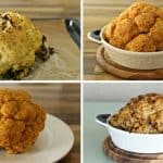 A collage of four images of baked whole cauliflower. The top left shows a lightly charred cauliflower on parchment paper. The top right and bottom left show golden-brown cauliflowers, and the bottom right shows a speckled cauliflower in a white dish.