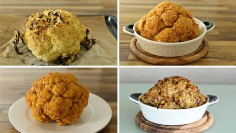 A collage of four images of baked whole cauliflower. The top left shows a lightly charred cauliflower on parchment paper. The top right and bottom left show golden-brown cauliflowers, and the bottom right shows a speckled cauliflower in a white dish.