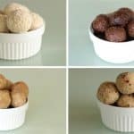 Four small white ramekins are shown in two rows, each containing a different type of snack balls. The top left contains white balls, the top right has dark brown balls, the bottom left has light brown balls, and the bottom right has beige balls with small brown flecks.