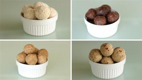 Four small white ramekins are shown in two rows, each containing a different type of snack balls. The top left contains white balls, the top right has dark brown balls, the bottom left has light brown balls, and the bottom right has beige balls with small brown flecks.