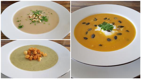 A collage of three bowls of soup. The top left soup is creamy white with pine nuts and herbs. The bottom left soup is light green with croutons. The right soup is orange, garnished with seeds, a dollop of cream, and a sprig of parsley.