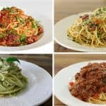 A collage of four pasta dishes: Top left shows spaghetti with a red tomato-based sauce and sun-dried tomatoes. Top right is spaghetti aglio e olio with parsley and red pepper flakes. Bottom left features spaghetti with pesto. Bottom right shows spaghetti bolognese.