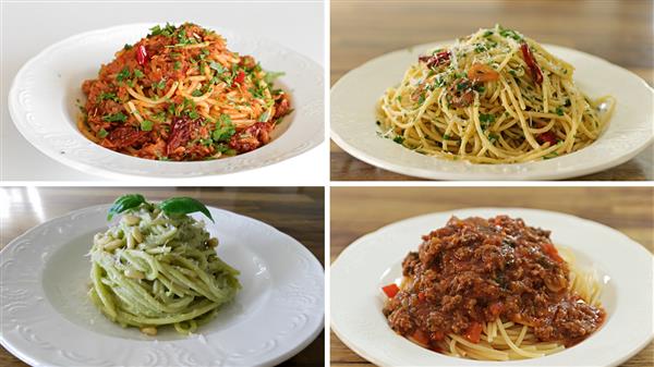 A collage of four pasta dishes: Top left shows spaghetti with a red tomato-based sauce and sun-dried tomatoes. Top right is spaghetti aglio e olio with parsley and red pepper flakes. Bottom left features spaghetti with pesto. Bottom right shows spaghetti bolognese.