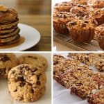 A four-panel image showing different baked goods and snacks. The top-left panel has a stack of pancakes with syrup. The top-right panel displays a tray of muffins. The bottom-left panel showcases chocolate chip cookies. The bottom-right panel features granola bars.