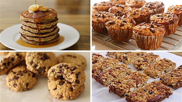 A four-panel image showing different baked goods and snacks. The top-left panel has a stack of pancakes with syrup. The top-right panel displays a tray of muffins. The bottom-left panel showcases chocolate chip cookies. The bottom-right panel features granola bars.