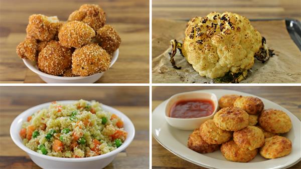 A collage of four dishes: top left features a bowl of round, golden-brown, sesame-coated balls; top right shows a baked cauliflower head; bottom left displays a bowl of mixed vegetable couscous; and bottom right presents a plate of baked patties with a small bowl of red dipping sauce.