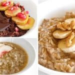 A collage of three bowls of oatmeal. The top left bowl has dark oatmeal topped with figs, chocolate, and pomegranate seeds. The top right bowl has light oatmeal topped with banana slices and walnuts. The bottom left bowl has light oatmeal with apple slices.