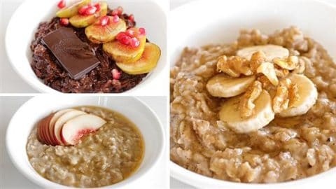 A collage of three bowls of oatmeal. The top left bowl has dark oatmeal topped with figs, chocolate, and pomegranate seeds. The top right bowl has light oatmeal topped with banana slices and walnuts. The bottom left bowl has light oatmeal with apple slices.