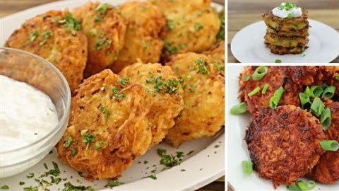 A collage of three images featuring potato pancakes. The left image shows a plate of golden-brown potato pancakes garnished with chopped herbs, accompanied by a bowl of sour cream. The right images display different arrangements of the pancakes with additional toppings.