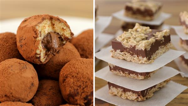 A split image showing two types of desserts. On the left, a stack of cocoa-dusted truffles with one bitten to reveal a gooey chocolate center. On the right, a stack of layered oat and chocolate bars separated by parchment paper.