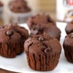 A white plate filled with chocolate muffins, with visible chocolate chips, is placed on a wood surface. In the background, there are three more muffins and a jar of Nutella, slightly blurred. The muffins appear freshly baked and moist.