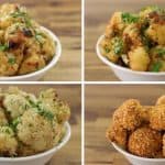 Four bowls of cauliflower dishes are arranged in a 2x2 grid on a wooden table. Each bowl contains roasted or breaded cauliflower florets garnished with fresh herbs, with varying textures and coatings.