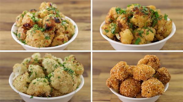 Four bowls of cauliflower dishes are arranged in a 2x2 grid on a wooden table. Each bowl contains roasted or breaded cauliflower florets garnished with fresh herbs, with varying textures and coatings.