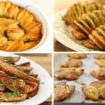 A four-panel image showcasing different potato dishes. Top left: Sliced, baked potatoes arranged in a circular pattern. Top right: Hasselback potatoes garnished with herbs. Bottom left: Seasoned potato wedges. Bottom right: Flattened, baked potatoes on a tray.