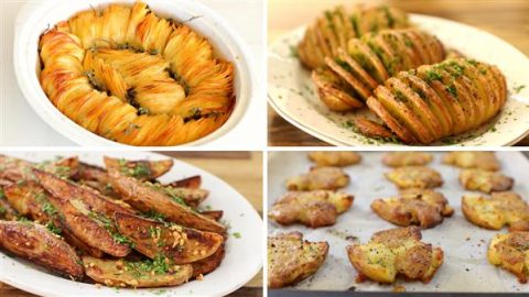 A four-panel image showcasing different potato dishes. Top left: Sliced, baked potatoes arranged in a circular pattern. Top right: Hasselback potatoes garnished with herbs. Bottom left: Seasoned potato wedges. Bottom right: Flattened, baked potatoes on a tray.