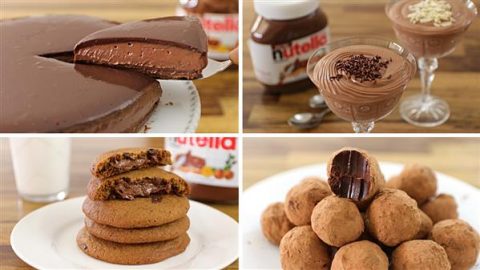 A four-image collage shows various Nutella desserts: a thick slice of Nutella cake being lifted from a whole cake (top left), two glasses of Nutella mousse topped with chocolate shavings (top right), stacked Nutella-filled cookies with one split to reveal filling (bottom left), and Nutella chocolate truffles dusted with cocoa powder (bottom right).