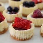 Mini cheesecakes topped with a variety of fresh fruits, including sliced strawberries, raspberries, and blueberries, are displayed on a white plate. The cheesecakes have a creamy texture with a graham cracker crust.