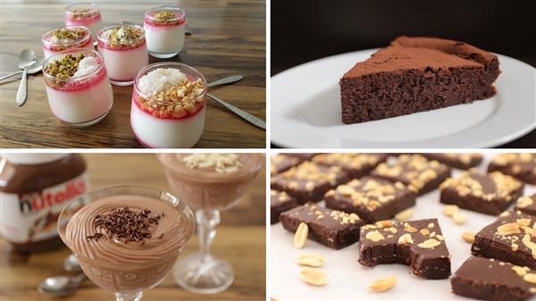 A collage of four dessert images: top left shows jars of yogurt topped with granola and nuts; top right displays a slice of chocolate cake on a white plate; bottom left features Nutella chocolate mousse in glasses; and bottom right shows pieces of chocolate fudge with nuts.